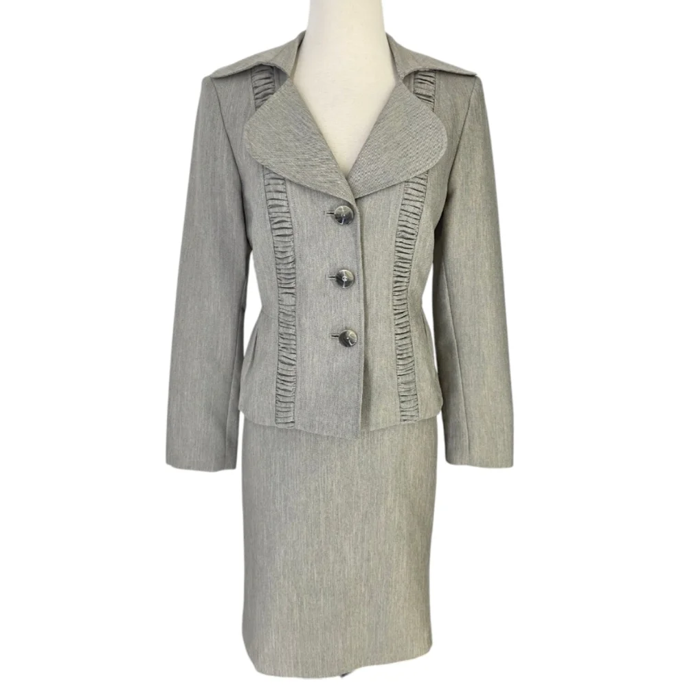 LeSuit Three Button Jacket & Skirt Suit Set Neutral Tan Beige Gray Weave Sz 6 - Picture 1 of 16